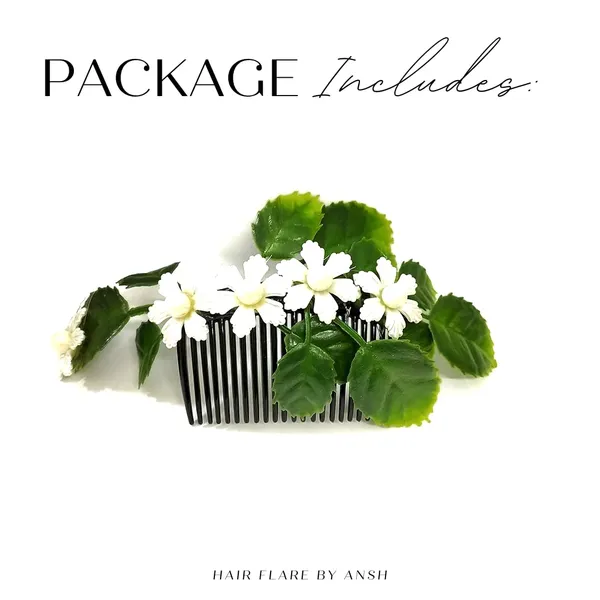 Green_&_White_Artificial_Leaves_With_Small_Flowers_Made_Barretes_Hair_Accessories_For_Women_&_Girls
