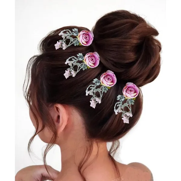 Baby_Pink_&_Green_Artificial_Metal_Floral_Design_Hairpin_With_Leaf_For_Women_&_Girls_(Set_Of_4)_(14_X_8_X_1_Cm)