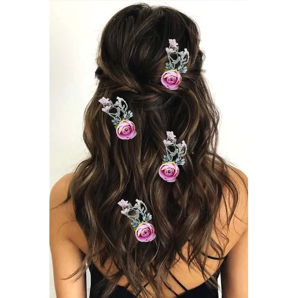 Baby_Pink_&_Green_Artificial_Metal_Floral_Design_Hairpin_With_Leaf_For_Women_&_Girls_(Set_Of_4)_(14_X_8_X_1_Cm)