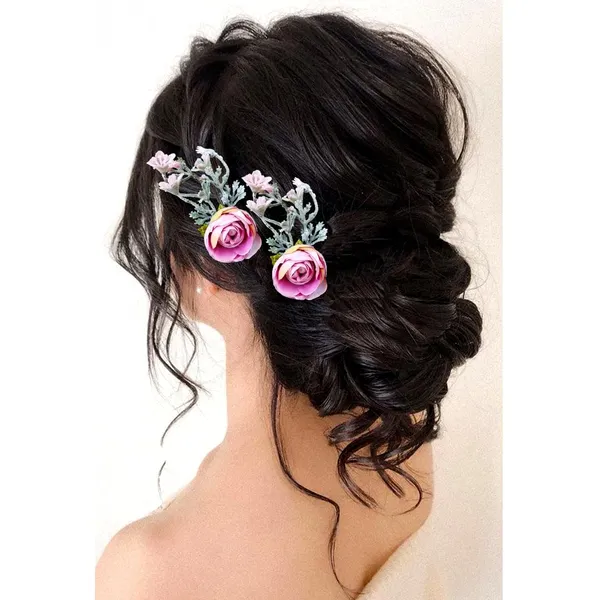 Baby_Pink_&_Green_Artificial_Metal_Floral_Design_Hairpin_With_Leaf_For_Women_&_Girls_(Set_Of_4)_(14_X_8_X_1_Cm)