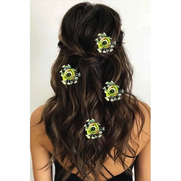 Green_Artificial_Metal_Floral_Design_Hairpin_With_Leaf_For_Women_&_Girls_(Set_Of_4)_(14_X_8_X_1_Cm)