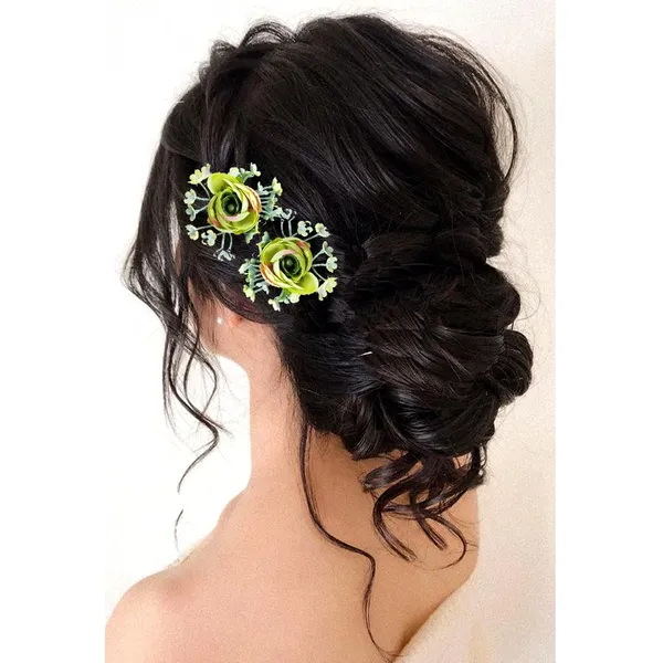 Green_Artificial_Metal_Floral_Design_Hairpin_With_Leaf_For_Women_&_Girls_(Set_Of_4)_(14_X_8_X_1_Cm)