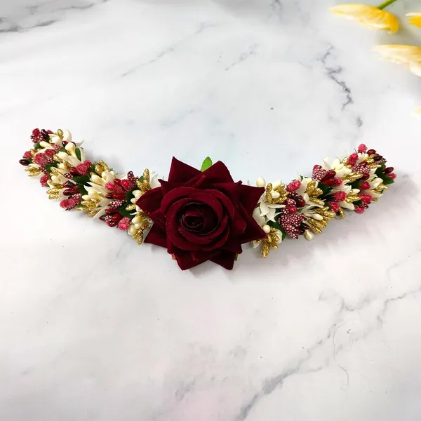 Maroon_Rose_Flower_With_Leaf_Pollens_&_Pearl_Design_Hair_Vein_For_Women_&_Girls_(14_X_8_X_1_Cm)
