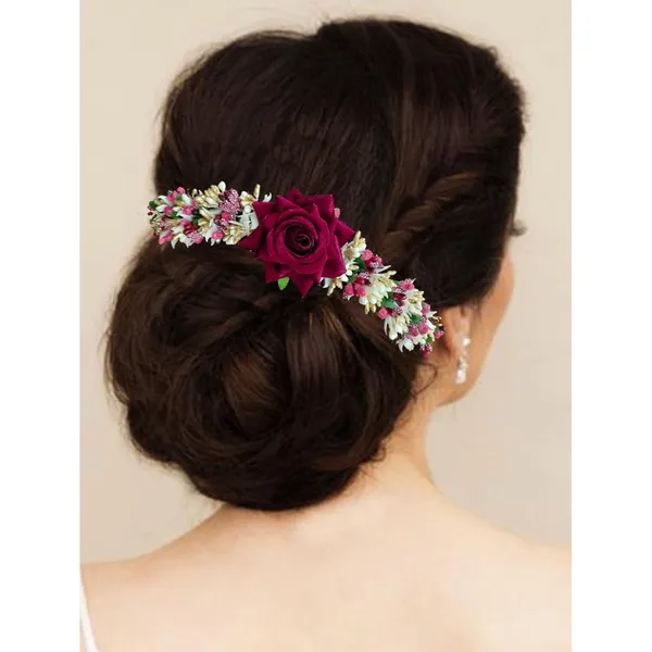 Maroon_Rose_Flower_With_Leaf_Pollens_&_Pearl_Design_Hair_Vein_For_Women_&_Girls_(14_X_8_X_1_Cm)