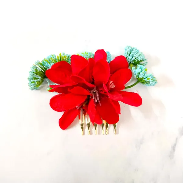 Red_Flower_And_Leaf_Comb_Slide_Hair_Pin_For_Girls_And_Women_(14_X_8_X_1_Cm)