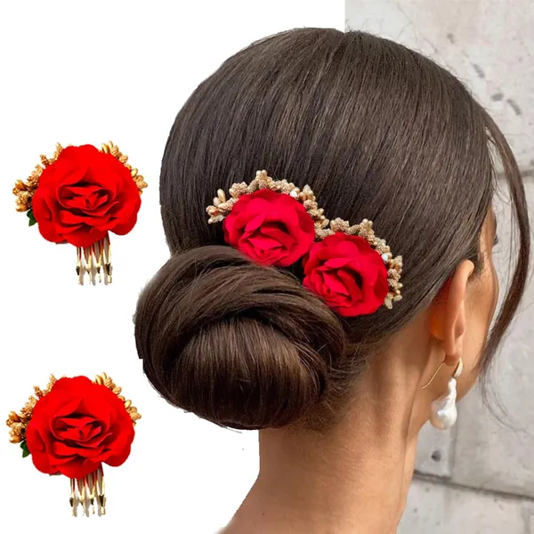 Red_Artificial_Metal_Beautiful_Rose_Flower_And_Golden_Buds_Design_Hairpin_Accessories_For_Women_&_Girls_(Set_Of_2)_(14_X_8_X_1_Cm)