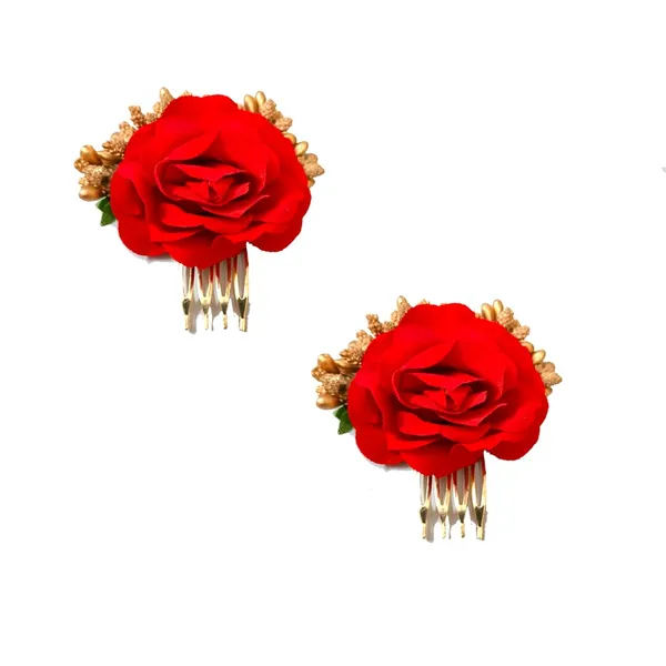 Red_Artificial_Metal_Beautiful_Rose_Flower_And_Golden_Buds_Design_Hairpin_Accessories_For_Women_&_Girls_(Set_Of_2)_(14_X_8_X_1_Cm)