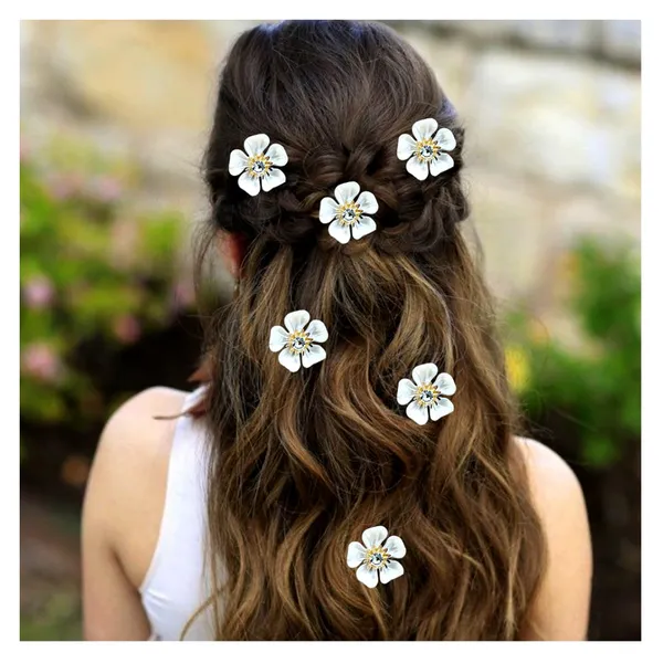 White_&_Gold_Artificial_Metal_Vinca_Rosea_With_Crystal_Stone_Hair_Pin_For_Women_&_Girls_(Set_Of_6)_(14_X_8_X_1_Cm)