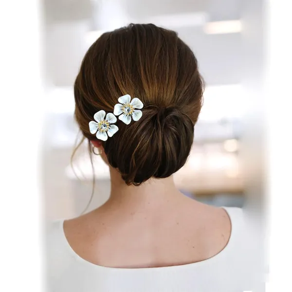 White_&_Gold_Artificial_Metal_Vinca_Rosea_With_Crystal_Stone_Hair_Pin_For_Women_&_Girls_(Set_Of_6)_(14_X_8_X_1_Cm)