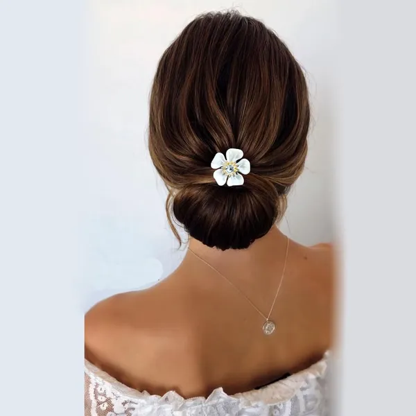White_&_Gold_Artificial_Metal_Vinca_Rosea_With_Crystal_Stone_Hair_Pin_For_Women_&_Girls_(Set_Of_6)_(14_X_8_X_1_Cm)
