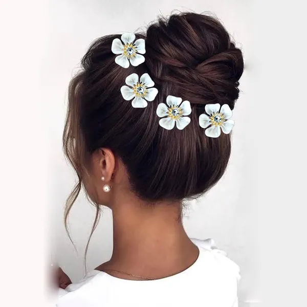 White_&_Gold_Artificial_Metal_Vinca_Rosea_With_Crystal_Stone_Hair_Pin_For_Women_&_Girls_(Set_Of_6)_(14_X_8_X_1_Cm)