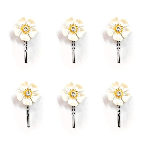 White_&_Gold_Artificial_Metal_Vinca_Rosea_With_Crystal_Stone_Hair_Pin_For_Women_&_Girls_(Set_Of_6)_(14_X_8_X_1_Cm)