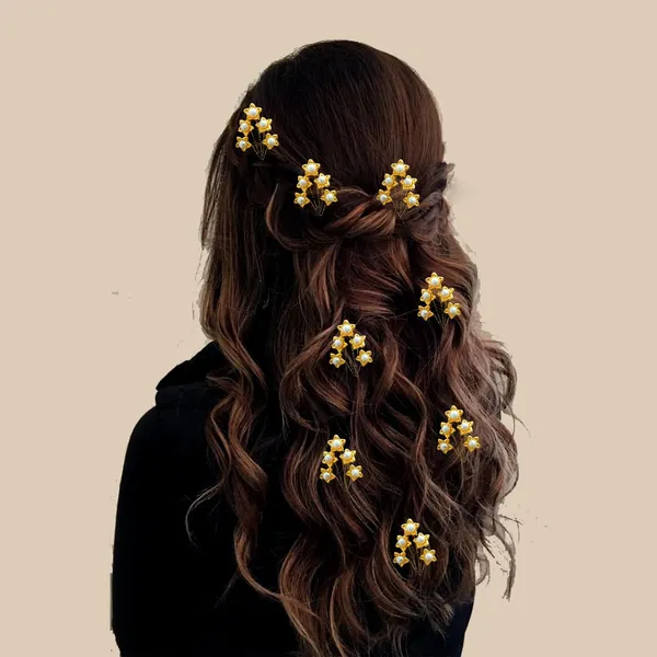 Red_Artificial_Metal_Leaf_With_Five_Small_Golden_Flowers_Design_Hair_Pin_Accessories_For_Women_&_Girls_(Set_Of_8)_(14_X_8_X_1_Cm)