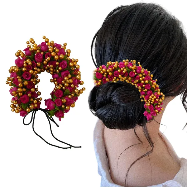 Dark_Pink_Artificial_Plastic_Gajra_With_Golden_Beads_Design_Hair_Pin_Accessories_For_Women_&_Girls_(14_X_8_X_1_Cm)