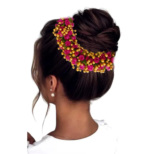 Dark_Pink_Artificial_Plastic_Gajra_With_Golden_Beads_Design_Hair_Pin_Accessories_For_Women_&_Girls_(14_X_8_X_1_Cm)
