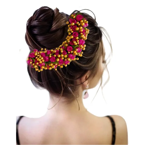 Dark_Pink_Artificial_Plastic_Gajra_With_Golden_Beads_Design_Hair_Pin_Accessories_For_Women_&_Girls_(14_X_8_X_1_Cm)