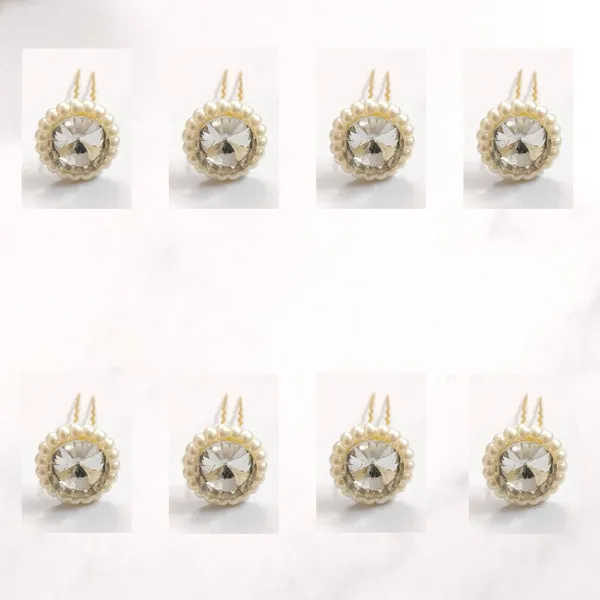 White_&_Golden_Artificial_Lustrous_Pearls_With_Dazzling_Crystal_Stone_Design_Hairpin_For_Women_&_Girls_(Set_Of_8)_(14_X_8_X_1_Cm)