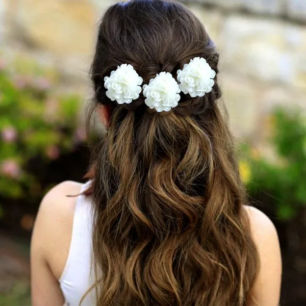 White_Artificial_Fabric_Rose_With_Golden_Pins_Hair_Pin_Accessories_For_Women_&_Girls_(Set_Of_4)_(14_X_8_X_1_Cm)
