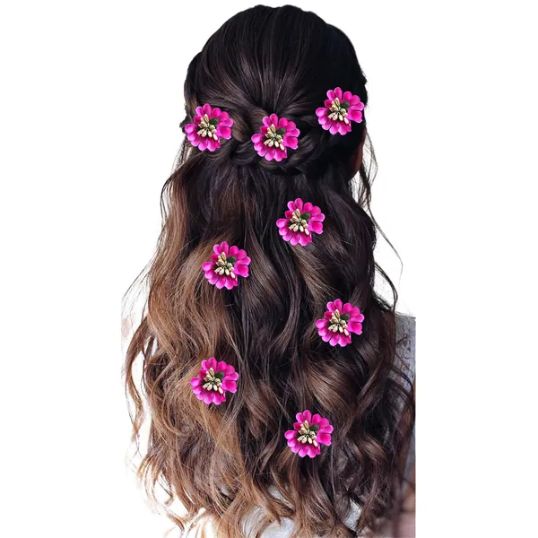 Dark_Pink_Fabric_Flower_With_Pollens_Hair_Pin_Accessories_For_Women_&_Girls_(Set_Of_8)_(14_X_8_X_1_Cm)