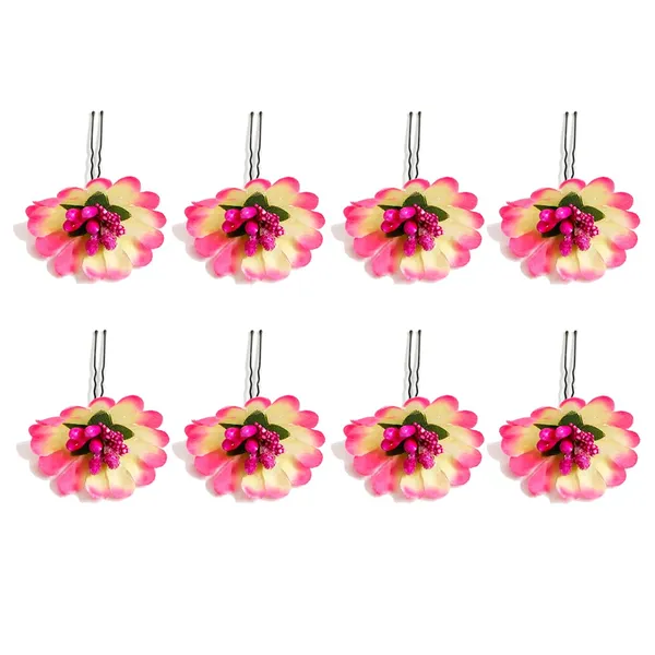 Dark_Pink_&_White_Fabric_Flower_With_Pollens_Hair_Pin_Accessories_For_Women_&_Girls_(Set_Of_8)_(14_X_8_X_1_Cm)
