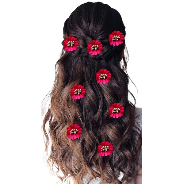 Red_Fabric_Flower_With_Pollens_Hair_Pin_Accessories_For_Women_&_Girls_(Set_Of_8)_(14_X_8_X_1_Cm)