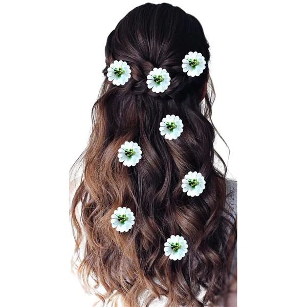 White_Fabric_Flower_With_Pollens_Hair_Pin_Accessories_For_Women_&_Girls_(Set_Of_8)_(14_X_8_X_1_Cm)