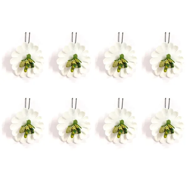 White_Fabric_Flower_With_Pollens_Hair_Pin_Accessories_For_Women_&_Girls_(Set_Of_8)_(14_X_8_X_1_Cm)