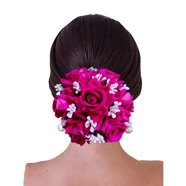 Dark_Pink_Artificial_Plastic_Rose_Floral_Judabun_With_Delicate_Flowers_Design_Hairpin_Accessories_For_Women_&_Girls_(14_X_8_X_1_Cm)
