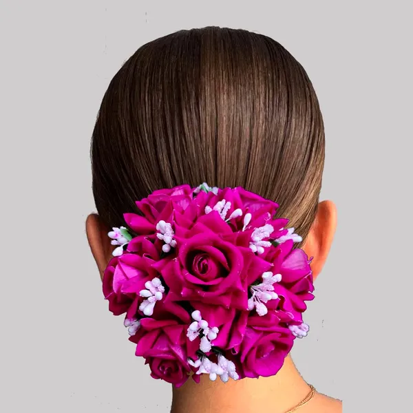 Dark_Pink_Artificial_Plastic_Rose_Floral_Judabun_With_Delicate_Flowers_Design_Hairpin_Accessories_For_Women_&_Girls_(14_X_8_X_1_Cm)