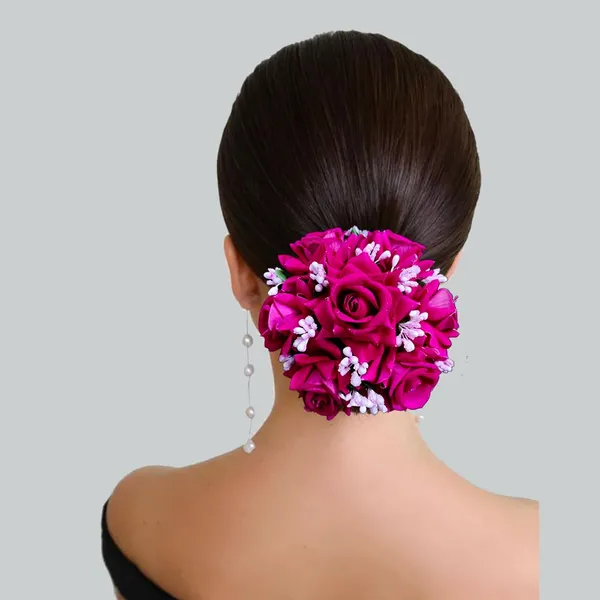 Dark_Pink_Artificial_Plastic_Rose_Floral_Judabun_With_Delicate_Flowers_Design_Hairpin_Accessories_For_Women_&_Girls_(14_X_8_X_1_Cm)