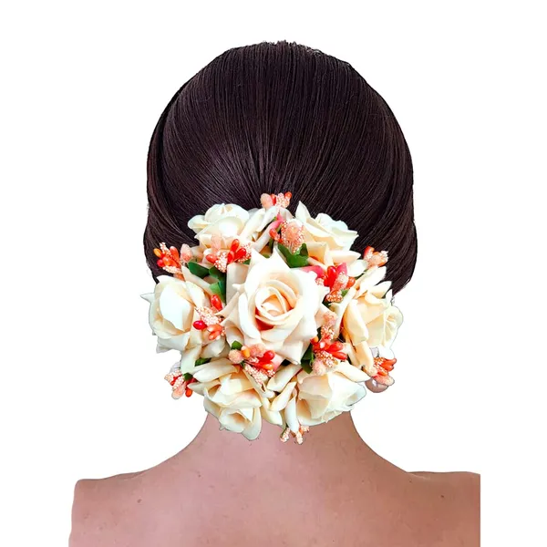 Peach_Artificial_Plastic_Rose_Floral_Judabun_With_Delicate_Flowers_Design_Hairpin_Accessories_For_Women_&_Girls_(14_X_8_X_1_Cm)