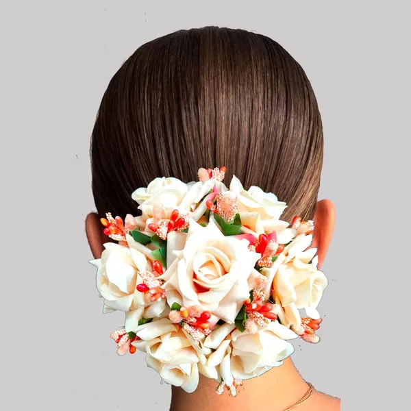 Peach_Artificial_Plastic_Rose_Floral_Judabun_With_Delicate_Flowers_Design_Hairpin_Accessories_For_Women_&_Girls_(14_X_8_X_1_Cm)