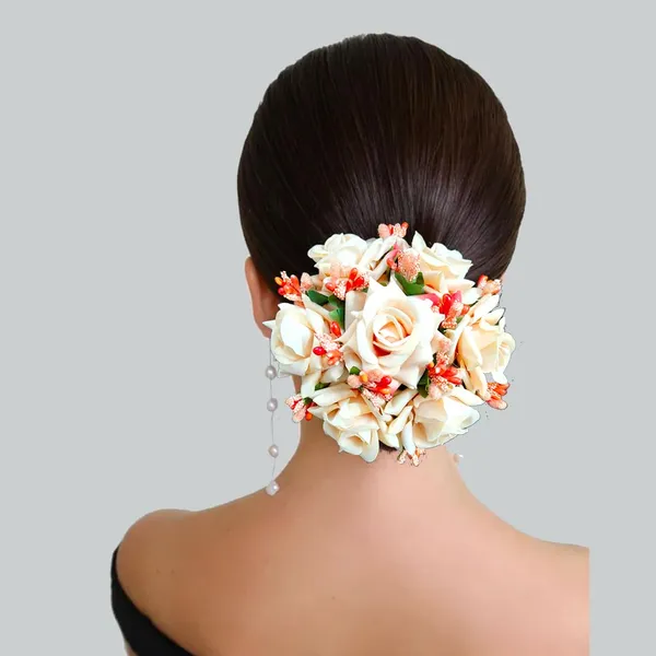 Peach_Artificial_Plastic_Rose_Floral_Judabun_With_Delicate_Flowers_Design_Hairpin_Accessories_For_Women_&_Girls_(14_X_8_X_1_Cm)