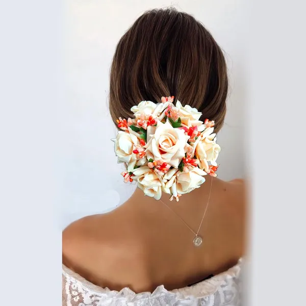 Peach_Artificial_Plastic_Rose_Floral_Judabun_With_Delicate_Flowers_Design_Hairpin_Accessories_For_Women_&_Girls_(14_X_8_X_1_Cm)