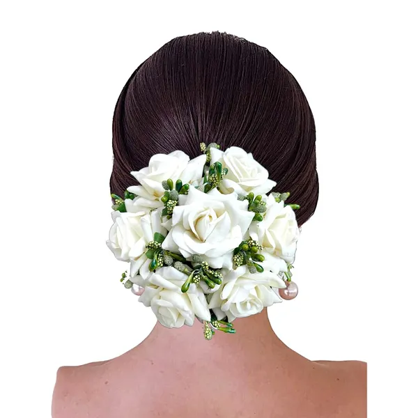 White_Artificial_Plastic_Rose_Floral_Judabun_With_Delicate_Flowers_Design_Hairpin_Accessories_For_Women_&_Girls_(14_X_8_X_1_Cm)