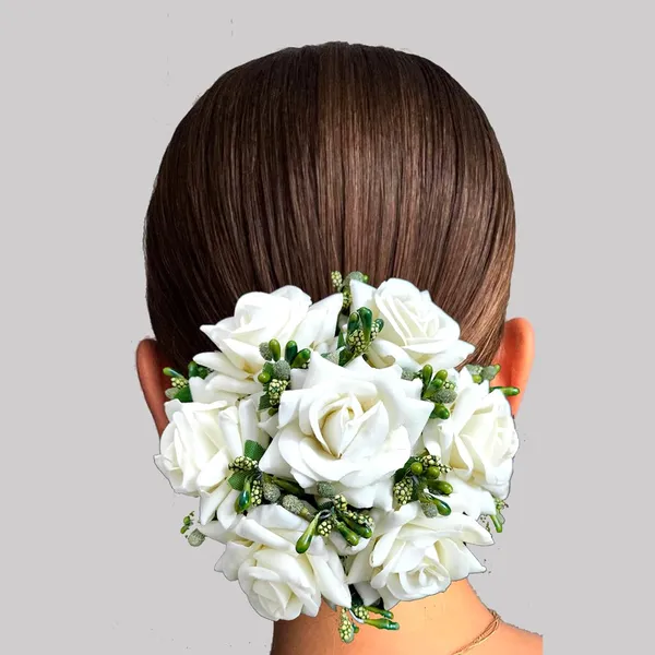 White_Artificial_Plastic_Rose_Floral_Judabun_With_Delicate_Flowers_Design_Hairpin_Accessories_For_Women_&_Girls_(14_X_8_X_1_Cm)