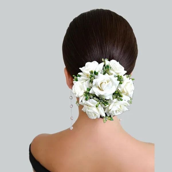 White_Artificial_Plastic_Rose_Floral_Judabun_With_Delicate_Flowers_Design_Hairpin_Accessories_For_Women_&_Girls_(14_X_8_X_1_Cm)