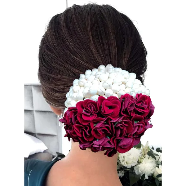 Maroon_Artificial_Delicate_Mogra_Flower_Judabun_Adorned_With_Small_Flowers_Design_Hairpin_Accessories_For_Women_&_Girls_(14_X_8_X_1_Cm)