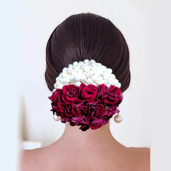Maroon_Artificial_Delicate_Mogra_Flower_Judabun_Adorned_With_Small_Flowers_Design_Hairpin_Accessories_For_Women_&_Girls_(14_X_8_X_1_Cm)