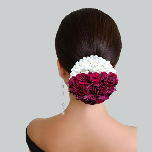 Maroon_Artificial_Delicate_Mogra_Flower_Judabun_Adorned_With_Small_Flowers_Design_Hairpin_Accessories_For_Women_&_Girls_(14_X_8_X_1_Cm)