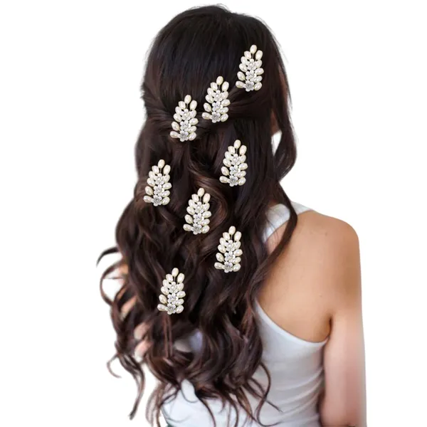 White_&_Golden_Artificial_11_Oval_Pearl_Beads_Arranged_In_Leaf_Shape_Design_Hairpin_For_Women_&_Girls_(Set_Of_8)_(14_X_8_X_1_Cm)