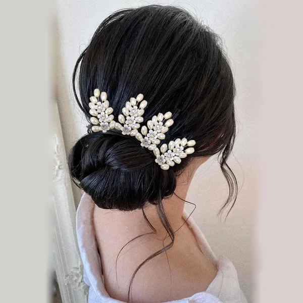 White_&_Golden_Artificial_11_Oval_Pearl_Beads_Arranged_In_Leaf_Shape_Design_Hairpin_For_Women_&_Girls_(Set_Of_8)_(14_X_8_X_1_Cm)