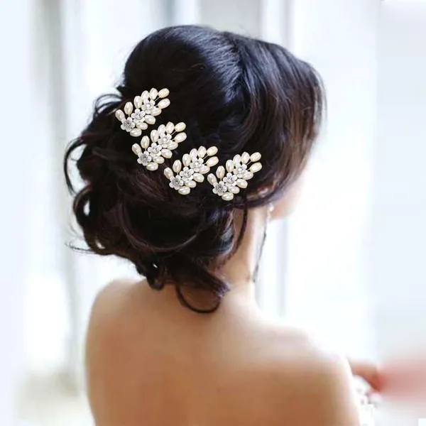 White_&_Golden_Artificial_11_Oval_Pearl_Beads_Arranged_In_Leaf_Shape_Design_Hairpin_For_Women_&_Girls_(Set_Of_8)_(14_X_8_X_1_Cm)