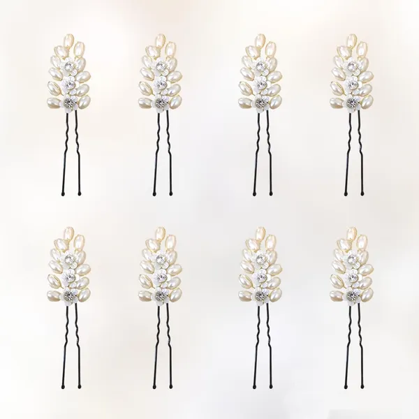 White_&_Golden_Artificial_11_Oval_Pearl_Beads_Arranged_In_Leaf_Shape_Design_Hairpin_For_Women_&_Girls_(Set_Of_8)_(14_X_8_X_1_Cm)