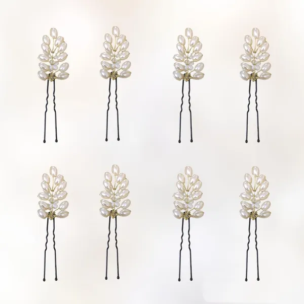 White_&_Golden_Artificial_11_Oval_Pearl_Beads_Arranged_In_Leaf_Shape_Design_Hairpin_For_Women_&_Girls_(Set_Of_8)_(14_X_8_X_1_Cm)