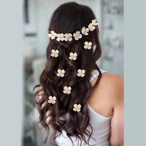 White_&_Gold_Artificial_Flowers_Hair_Vein_With_Seven_Pearl_&_Golden_Beads_Design_Hairpin_For_Women_(Set_Of_8)_(14_X_8_X_1_Cm)