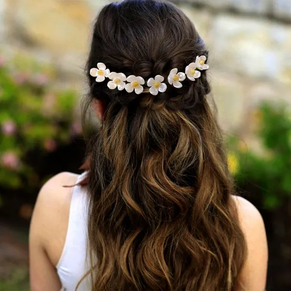 White_&_Gold_Artificial_Flowers_Hair_Vein_With_Seven_Pearl_&_Golden_Beads_Design_Hairpin_For_Women_(Set_Of_8)_(14_X_8_X_1_Cm)