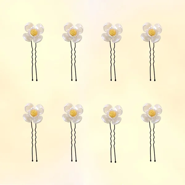 White_&_Gold_Artificial_Flowers_Hair_Vein_With_Seven_Pearl_&_Golden_Beads_Design_Hairpin_For_Women_(Set_Of_8)_(14_X_8_X_1_Cm)