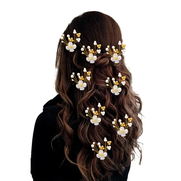 Gold_Artificial_Elegant_Pearl_Flower_With_Bead/Stone_Design_Hairpin_Accessories_For_Women_&_Girls_(Set_Of_8)_(14_X_8_X_1_Cm)
