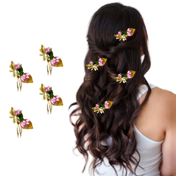 Baby_Pink_Artificial_Metal_Comb_Slide_Base_Hair_Pin,_Golden_Pollen_&_Leaf_Design_Hair_Pin_Accessories_For_Women_&_Girls_(Set_Of_4)_(14_X_8_X_1_Cm)